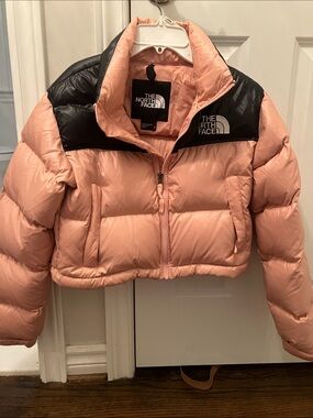 The North Face Women’s Cropped Nuptse Pink and Black Cropped Puffer Jacket